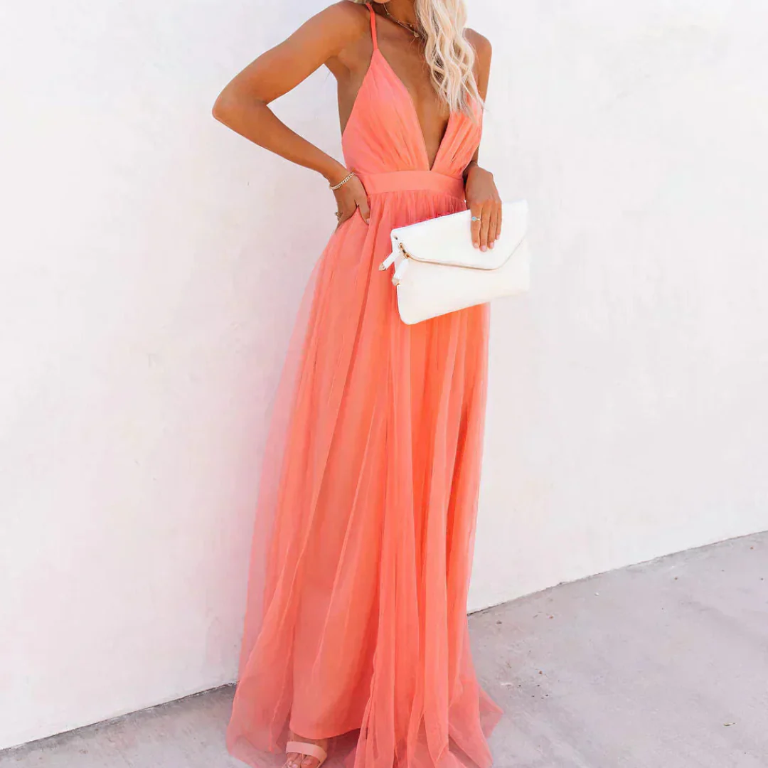 rocio-Vestido largo color coral claro