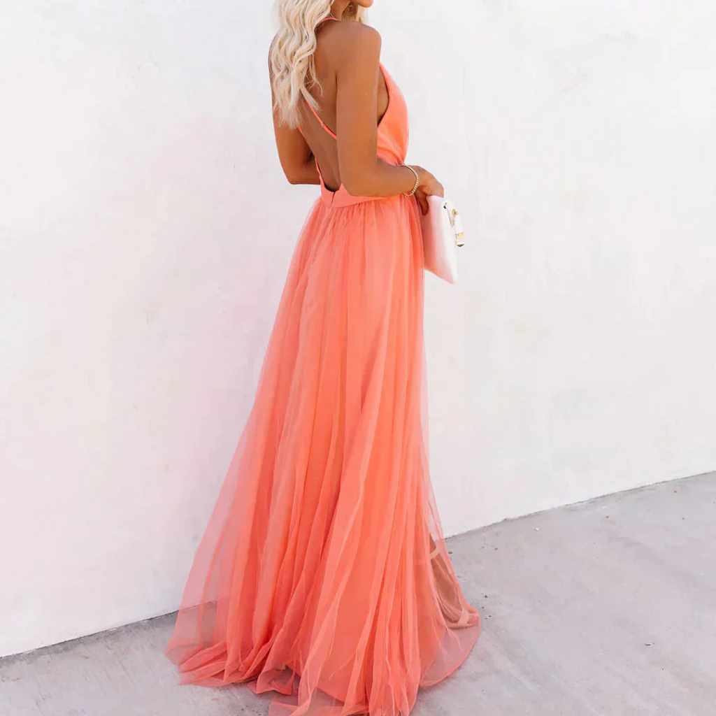 rocio-Vestido largo color coral claro