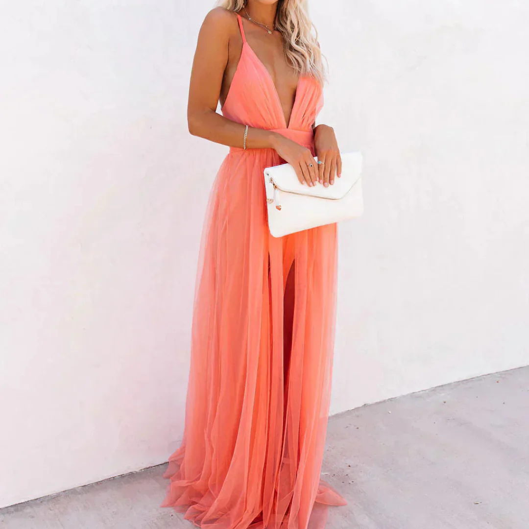 rocio-Vestido largo color coral claro