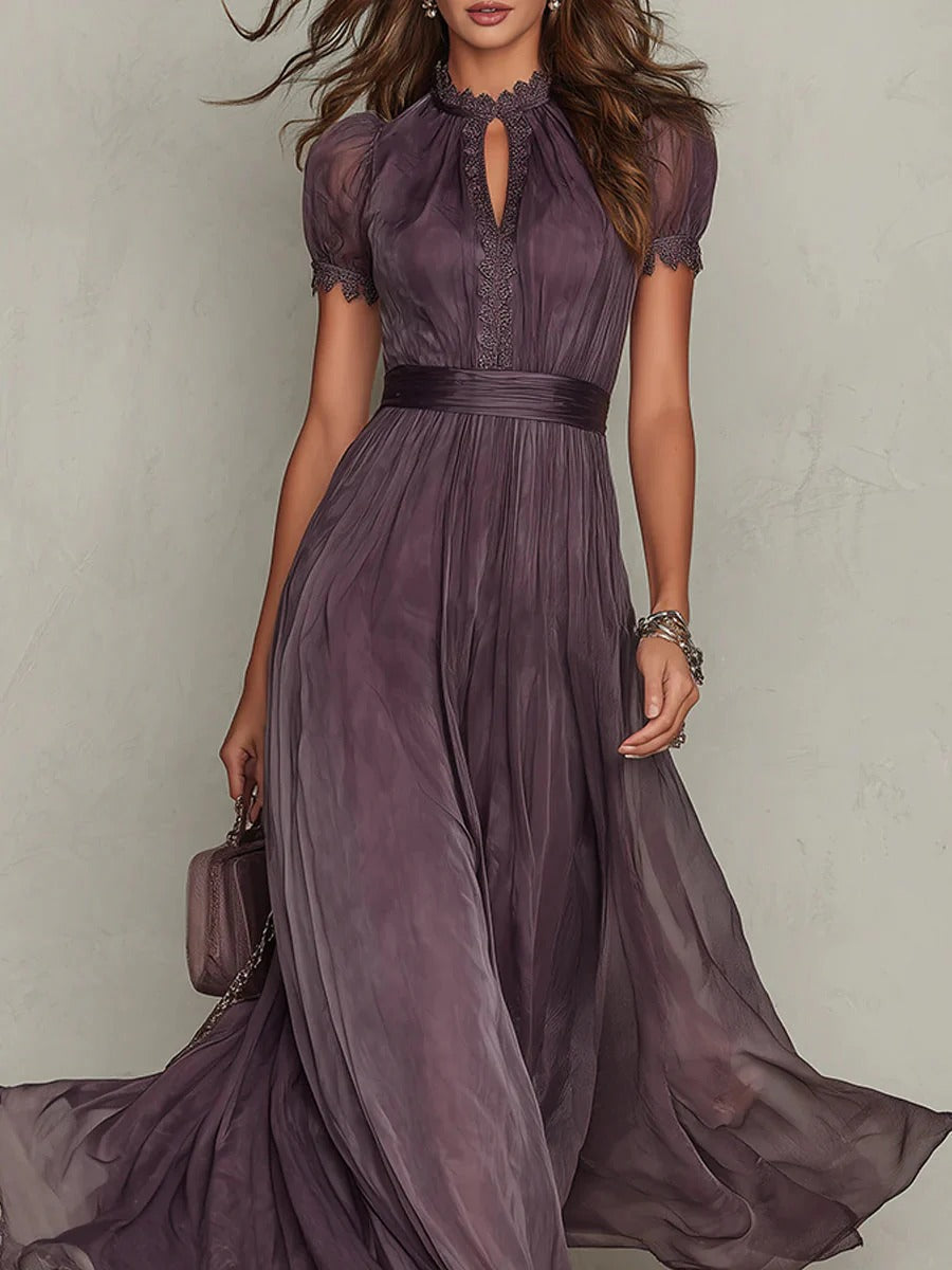 maria- Vestido largo morado con escote en forma de lágrima y ribete de encaje de gasa