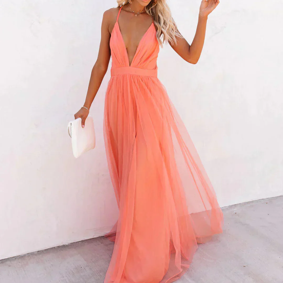rocio-Vestido largo color coral claro